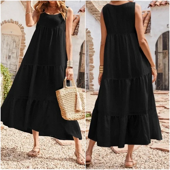 Solid Black Flowy Ruffle Hem Maxi Dress - Picture 2 of 4